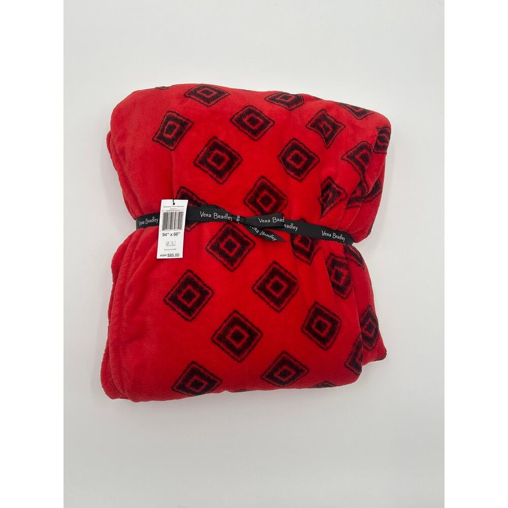 Vera Bradley Oversized Plush Throw Blanket Red Black Geo Print 94” x 66” NWT
